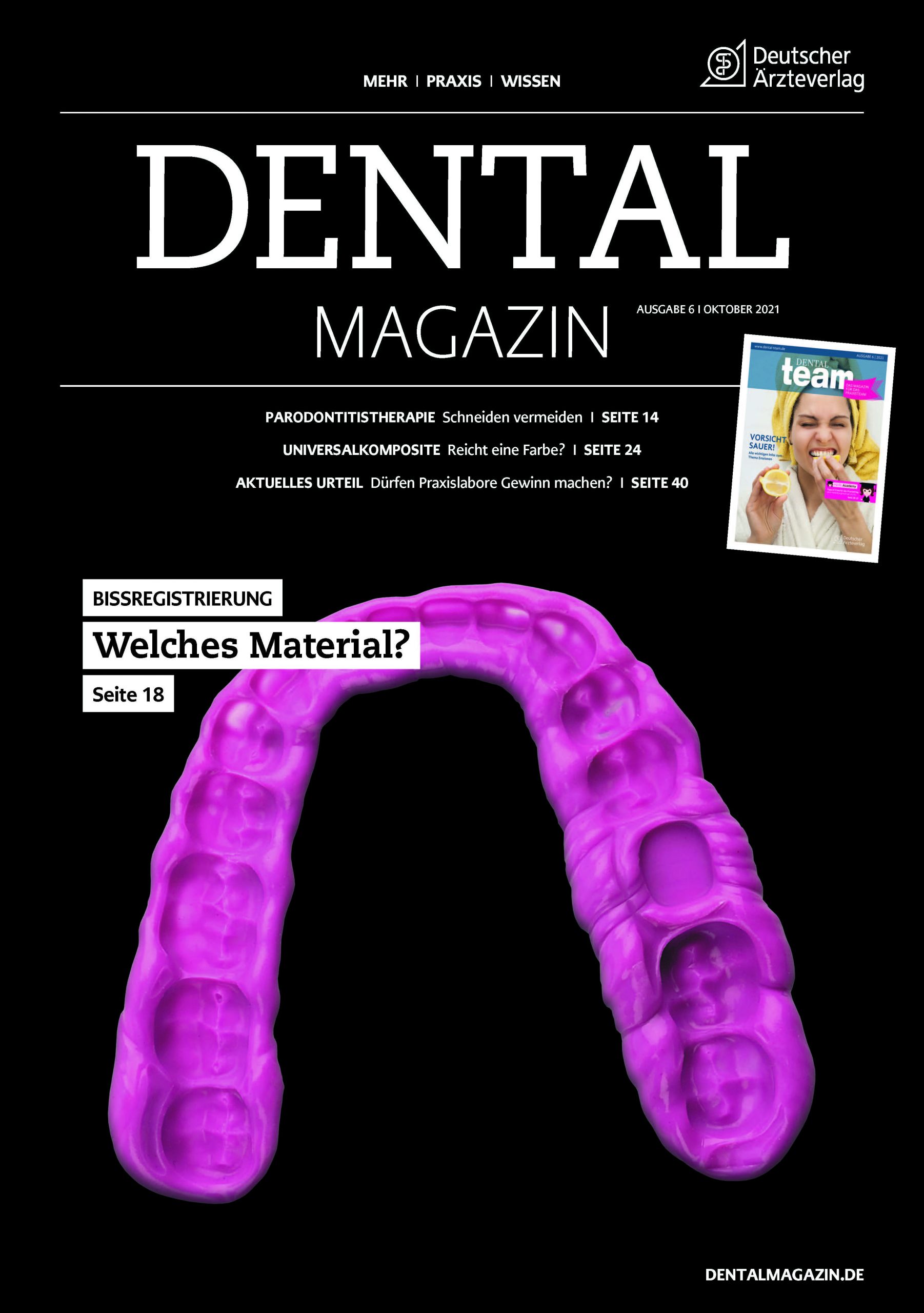 Das Titelblatt des DENTAL MAGAZINs zeigt den pinkfarbenen Abdruck eines Gebisses.